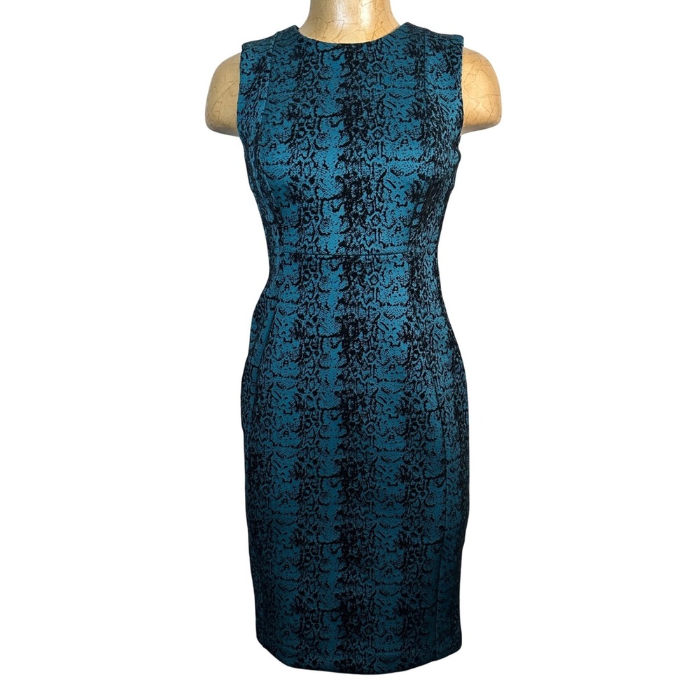 Calvin Klein Teal Black Snakeskin Print Velvet fitted Sheath Dress Sleeveless